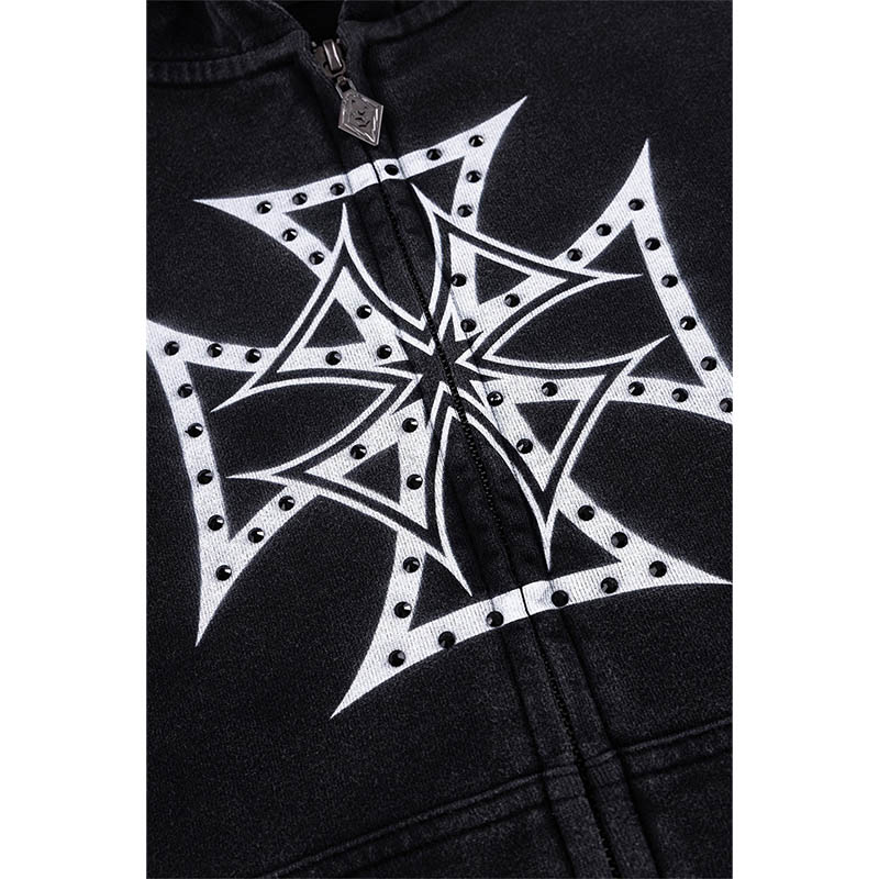 DUSTY IRON CROSS RHINESTONE ZIP HOODIE -BLACK-