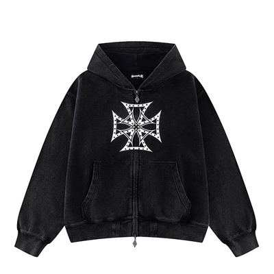 DUSTY IRON CROSS RHINESTONE ZIP HOODIE -BLACK-