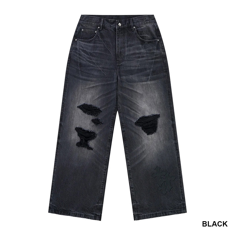 MULTIPLE CROSS LEATHER PATCH DENIM -2.COLOR-