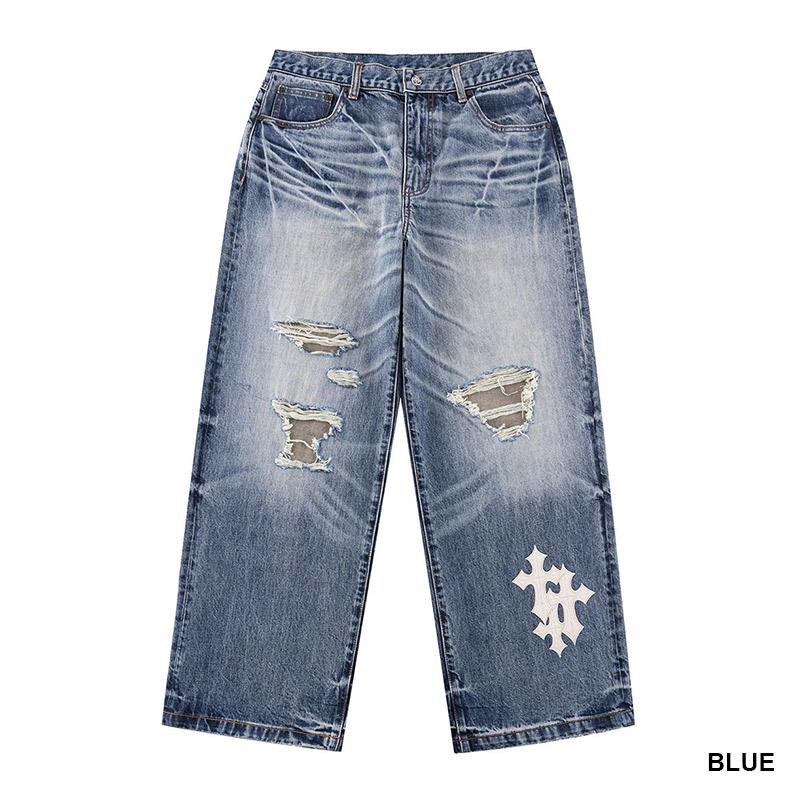 MULTIPLE CROSS LEATHER PATCH DENIM -2.COLOR-