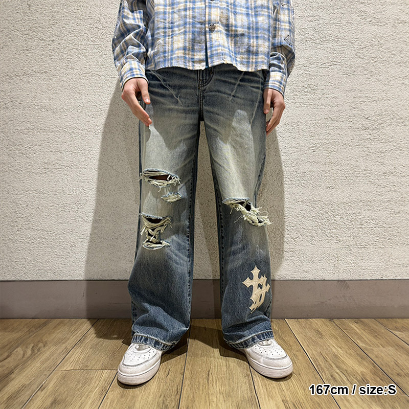 MULTIPLE CROSS LEATHER PATCH DENIM -2.COLOR-