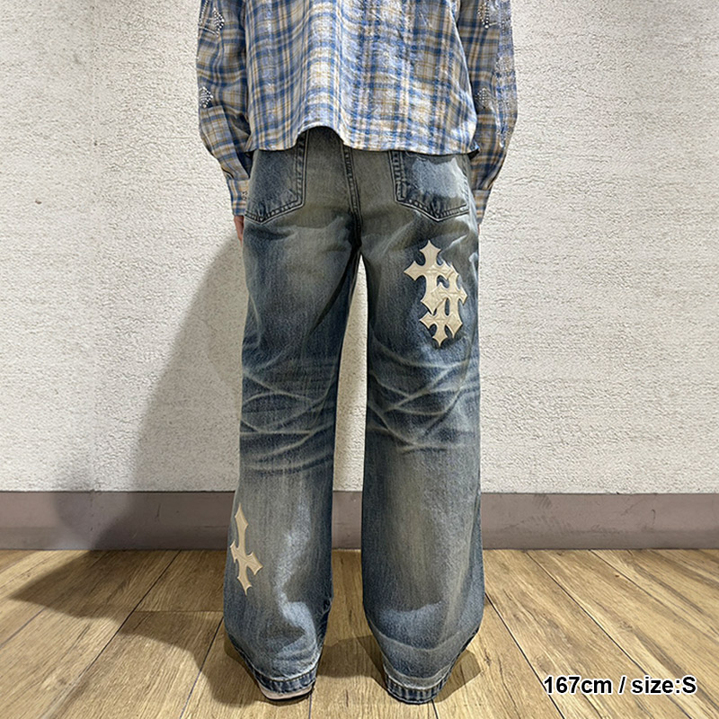 MULTIPLE CROSS LEATHER PATCH DENIM -2.COLOR-
