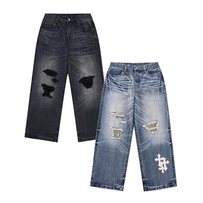 MULTIPLE CROSS LEATHER PATCH DENIM -2.COLOR-