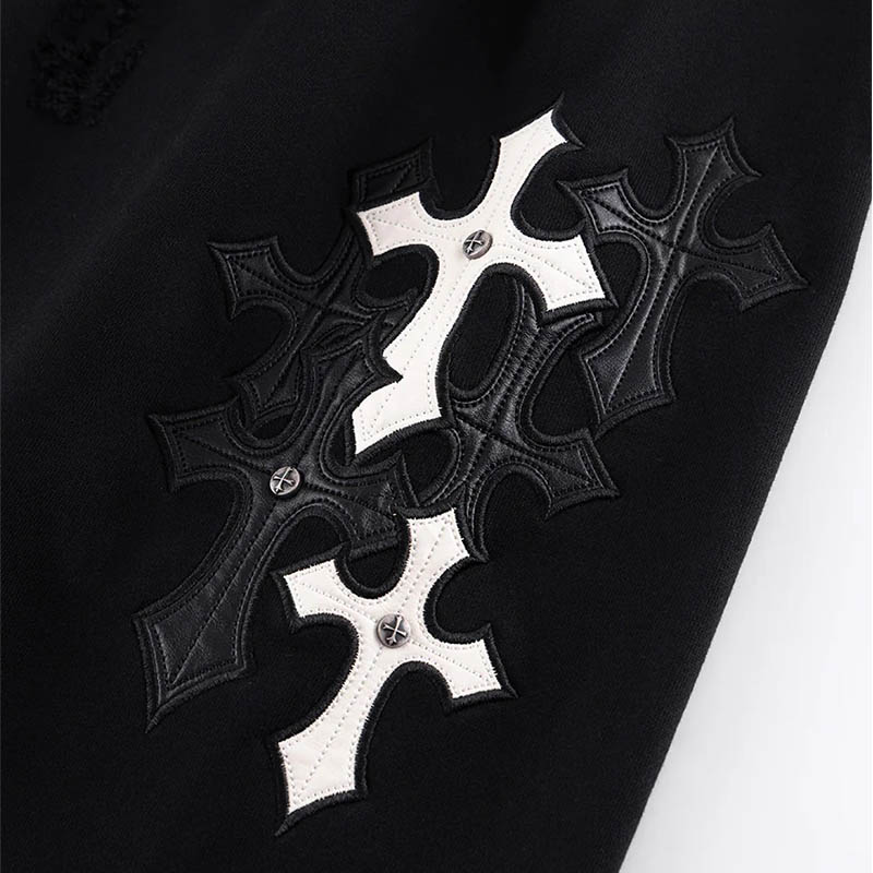 MULTIPLE CROSS LEATHER PATCH LOOSE FIT SWEAT PANTS -BLACK-